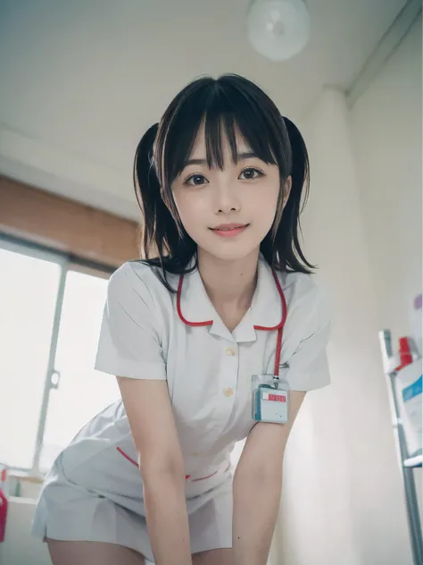 (Close-up face shot of one slender small breasts two side up black medium hair with bangs girl in a white nurse uniform :1.5)、(One girl  is preparing the intravenous drip in the hospital room in Japan with happy smile:1.5)、(blurred background:1.5)、(Natural...