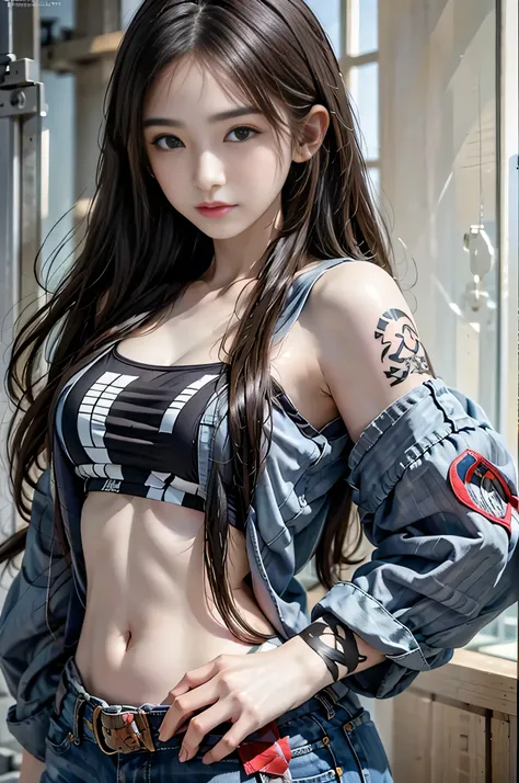 (Raw quality:1.4),  high definition , 1 female, Baby Face,  Hip Up,   beautiful eyes , Long Hair,  jewelry, (tattoo:1.4), Streetwear that reveals a lot of skin