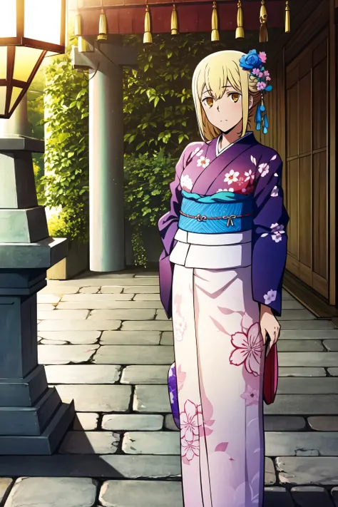 masterpiece, absurdres, 1girl,ais ,aiz wallenstein(danmachi), japanese clothes, kimono, floral print, looking at viewer, flat face, golden eyes, ^ ^, 