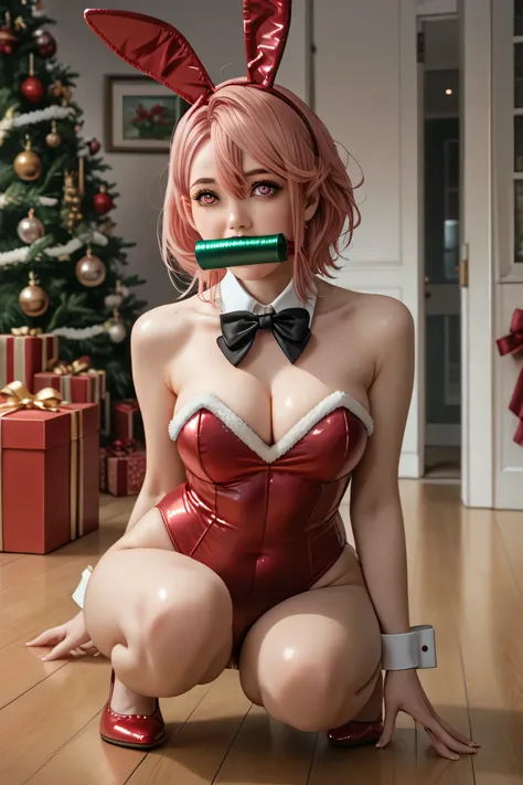 ( Masterpiece,  Best Quality ), 1 girl,2d,Aira Shiratori, beautiful face,( long red hair),( pink hair)( pink hair corto),( pink eyes skin),pesones with cold , HIGH QUALITY,ultra detailed ,Christmas gift boxes, long hair, big breasts, big thighs, very large...