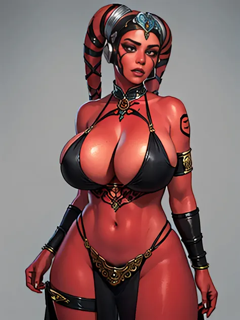 (best quality, masterpiece, highly detailed), 1girl, (red skin), sexy busty Twilek, (((huge breasts))), cleavage, sharp facial features, silver and black bikini, silver, ornate metal bra, metal lace, gemstones, jewelry, long skirts, armlets, pelvic curtain...