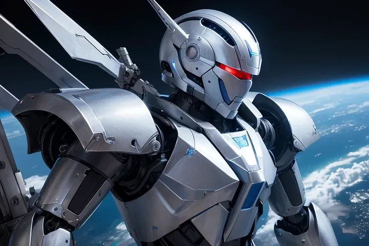 A close-up of a robot holding a sword in space, concept art inspired by Krenz Cushart, cheeky, what is it?, silver icy reflective armor, anime mecha armor, platinum metallic neo-cubist armor, blue and icy silver armor, complex mecha armor, complex assassin...