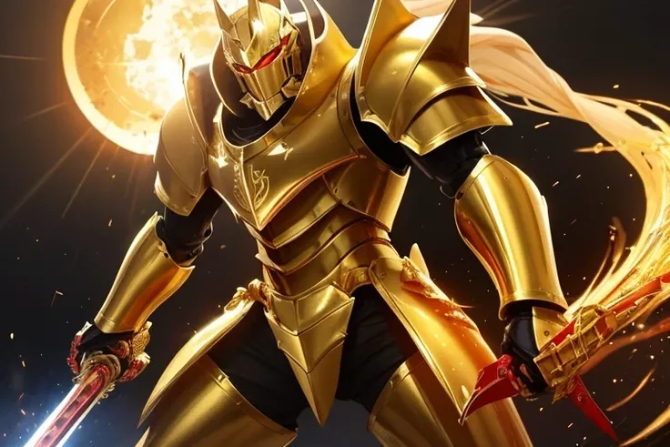  gold and red robot with sword,  Gold Paladin ,  Knight in Golden Cat Armor , paladin  golden armor ,  golden armor ,  golden armor  wearing, Golden Armor, heavy Golden Armor,  Golden and copper shining armor  , Gold Armor, Heavy Gold Armor . dramatic, ang...