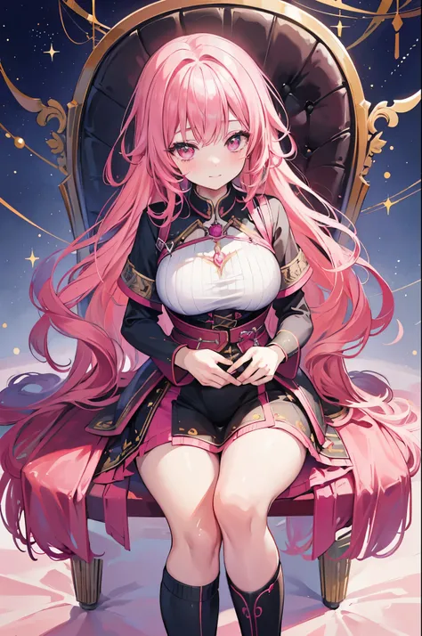 1 woman, (((High quality))), ((masterpiece)), (bright),  Pink Hair ,  Pink Eyes ,  smiley face, Blush on cheeks,  wave hair, adult female, exposure,  medieval fantasy, sit in a colorful chair, big thighs,  wide pelvis, Top down view