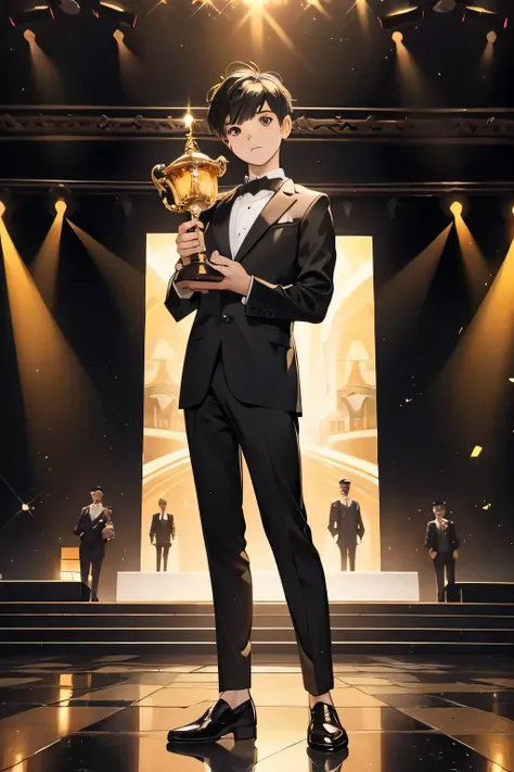 ((Best quality)), ((masterpiece)), (detailed), ((perfect face)), 10 old boy, short boy, black hair, 150 cm tall, standing alone on an awards ceremony stage, full body, spotlight, Wear a suit, Holding a golden trophy (distant view:1.5)