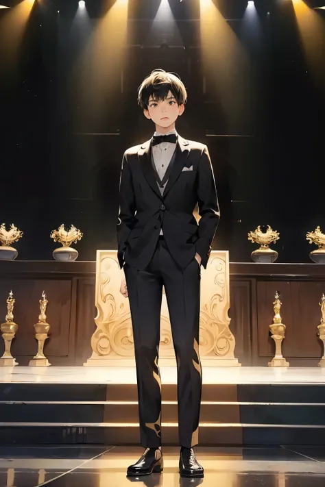 ((Best quality)), ((masterpiece)), (detailed), ((perfect face)), 10 old boy, short boy, black hair, 150 cm tall, standing alone on an awards ceremony stage, full body, spotlight, Wear a suit, Holding a golden trophy (distant view:1.5)