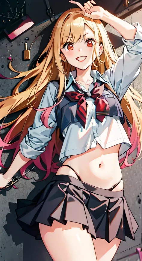  long hair,  clevis on a stone, belly button, Thin legs, Blonde,  skirt, Mari Kitagawa,  school uniform, class, belly button,  happy ,  ORANGE EYE 