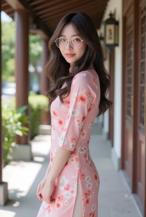 A 35-year-old Chinese beauty with an oval face, big mouth and red lips, white and delicate skin, red cheeks, round chin, long jaw, Jaw angle 90°, narrow face, prominent apple muscles, deep smile lines, oval shape dimples under the cheeks. wearing glasses, ...