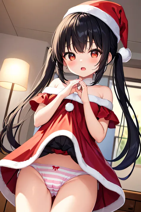 masterpiece、 highest image quality taken by Ki、 super high resolution 、A Very petite, very short stature, very young kindergarten girl with big breasts、twin tail hairstyle、black hair、Red face、shyly、open your mouth just a little、Off-shoulder Santa Costume f...