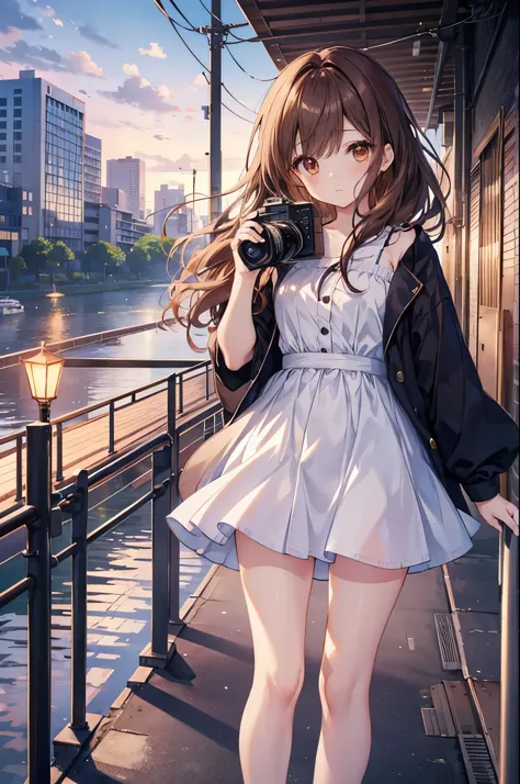 Anime girl in a short dress standing on a bridge holding a camera nothing、Masterpiece、Chizuru Ichinose、Brown Hair、I、For women、  wearing clothes  、 Sensation  、 detailed eyes on board、（（ brown eyes））,beautiful and perfect legs, Clean and perfect hands