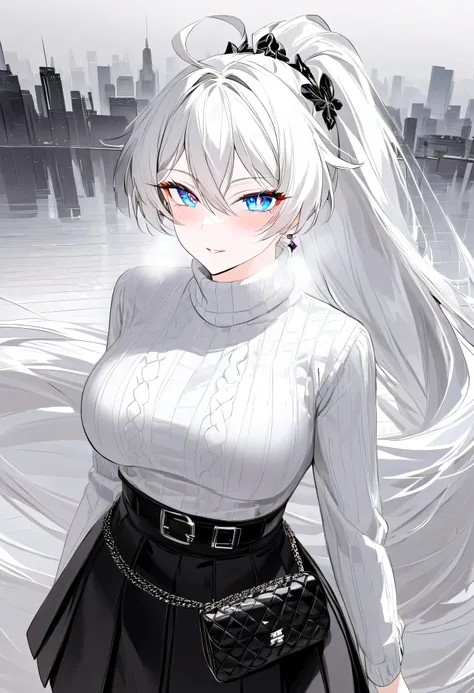 score_9, score_8_up, score_7_up, masterpiece, best quality, very aesthetic, absurdres, 1girl, adult grown woman, solo, kiana kaslana (honkai impact 3rd), herrscher of finality, white hair, ahoge, ponytail, very long hair, blue eyes, symbol-shaped pupils, g...
