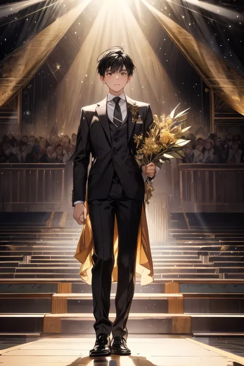 ((Best quality)), ((masterpiece)), (detailed), ((perfect face)), 10 old boy, short boy, black hair, 150 cm tall, standing alone on an awards ceremony stage, full body, spotlight, Wear a suit, Holding a golden trophy, ceremony stage, stage, spotlight (dista...