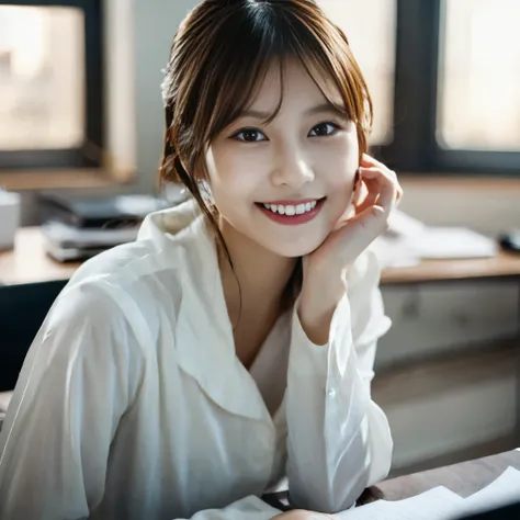 a beautiful young japanese woman, beautiful detailed eyes, beautiful detailed lips, extremely detailed eyes and face, long eyelashes, beautiful smile, laughing, office, professional setting, indoor, desk, computer, paperwork, warm lighting, cinematic light...