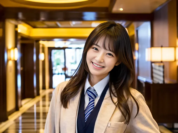 A beautiful Japanese woman with long, dark hair, wearing a light-colored blazer and a striped tie, standing in an elegant, well-lit hotel lobby. She is smiling warmly and holding out one hand in a welcoming gesture.