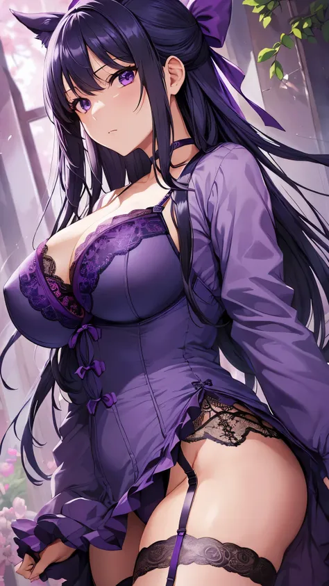 Akane Ryuzoji、 ( top quality) 、 ( top quality) 、( masterpiece )、(8k resolution),Beauty、(  mature )（  Perfect Style ）、(  very big breasts :1.3)、 Dark blue long hair、  purple ribbon 、 Angry face、（ Get closer ）、( purple lace garter belt)、( purple lace bra  )、...