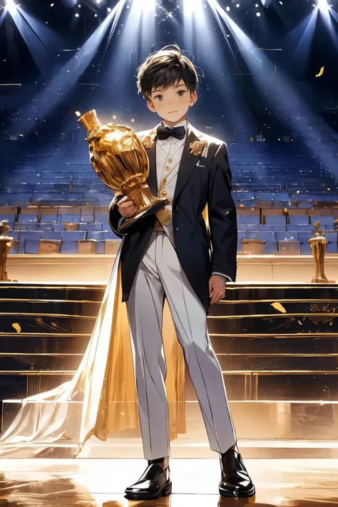 ((Best quality)), ((masterpiece)), (detailed), ((perfect face)), 10 old boy, short boy, short leg, black hair, 150 cm tall, standing alone on an awards ceremony stage, full body, spotlight, Wear a suit, (((Holding a golden trophy))), ceremony stage, (((on ...