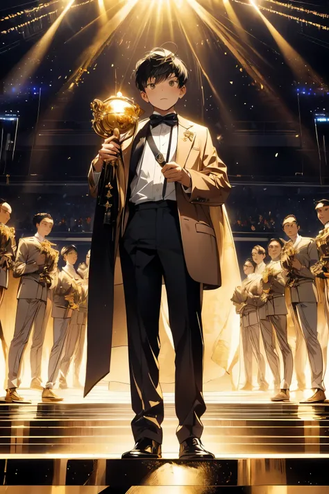 ((Best quality)), ((masterpiece)), (detailed), ((perfect face)), 10 old boy, short boy, short leg, black hair, 150 cm tall, standing alone on an awards ceremony stage, full body, spotlight, Wear a suit, (((Holding a golden trophy))), ceremony stage, (((on ...