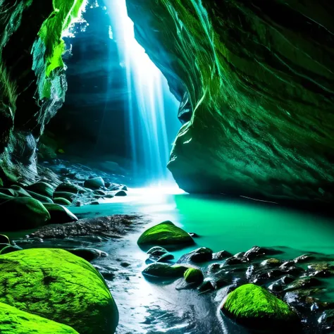 a green stream of water running through a rocky beach, glowing green rocks, glowing water, [ bioluminescent colors ]!!, cave glowing stones, green glows, neon bioluminescence, glowing colors, bioluminescent glow, glowing rich colors, neon color bioluminesc...