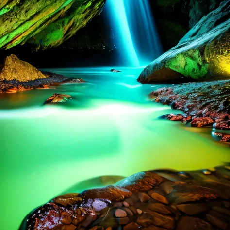 a green stream of water running through a rocky beach, glowing green rocks, glowing water, [ bioluminescent colors ]!!, cave glowing stones, green glows, neon bioluminescence, glowing colors, bioluminescent glow, glowing rich colors, neon color bioluminesc...