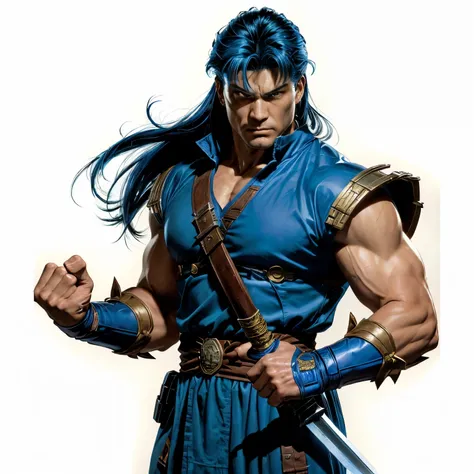 a man with a sword and a blue shirt is standing, fighting game character, character art the contra, 90s comic book character design, picture of an adult male warrior, marc silvestri, profile shot, inspired by ken kelly, joe chiodo, kano tanyu, textless, co...