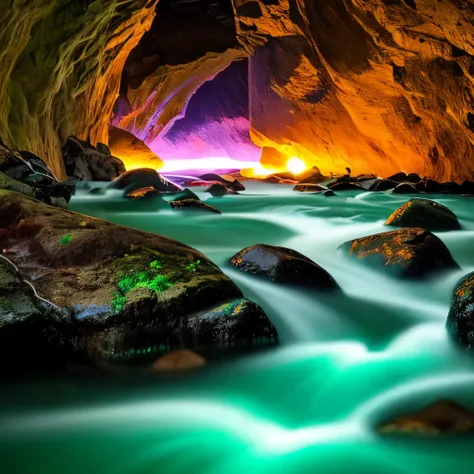 a green stream of water running through a rocky beach, a microscopic photo by Gabor Breznay, tumblr, conceptual art, glowing green rocks, glowing water, [ bioluminescent colors ]!!, cave glowing stones, green glows, neon bioluminescence, glowing colors, bi...