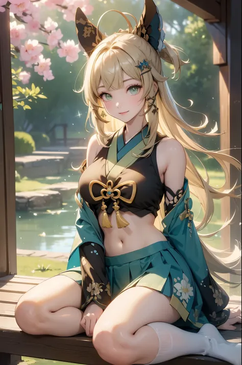 ((kiraradef)):1.5,((masterpiece,highest quality,Highly detailed images,Beautiful images))(kirara images,Japanese garden、Ornamental pond、Fun pose、Bright natural light throughout、Backlight、A fantastic atmosphere、Dust flutters)1.3,(kirara:Full body image)、(la...