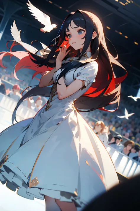 Beautiful girl with long hair，The dress worn， hands are releasing pigeons，and show the audience，Special wide-angle 