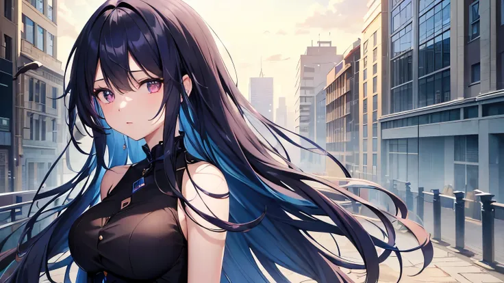 Anime girl character with flowing dark blue hair, wearing a dress, in the city, (best quality:1.1), (masterpiece:1.2), high quality shadow, beautiful detailed, (high detailed skin, skin details), (wide_landscape, 8k), beautiful face, detailed eyes, depth o...