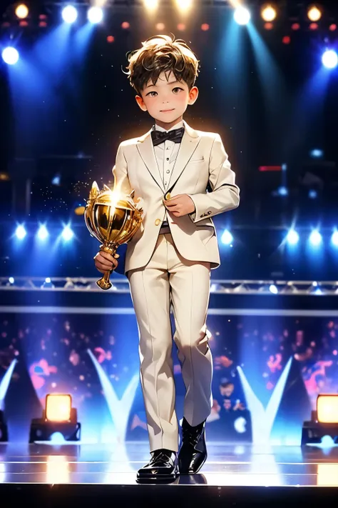 ((Best quality)), ((masterpiece)), (detailed), ((perfect face)), 10 old boy, short boy, short leg, black hair, 150 cm tall, standing alone on an awards ceremony stage, full body, spotlight, Wear a suit, (((Holding a golden trophy))), ceremony stage, (((on ...