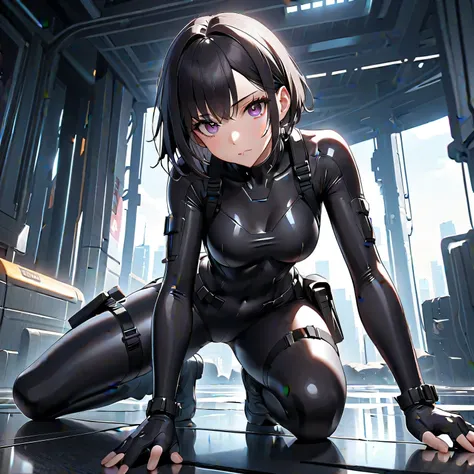 masterpiece, top quality, top quality,Very  Details,8k,wallpaper, A Japanese woman , small face, Extremely Fitted Black Enamel Shiny Tactical Bodysuit, tactical headset, Tactical Holster , tactical gloves,  long boots,Breaking Serious, short hair , black h...