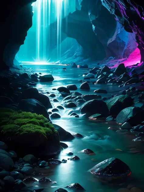 a green stream of water running through a rocky beach, a microscopic photo by Gabor Breznay, tumblr, conceptual art, glowing green rocks, glowing water, [ bioluminescent colors ]!!, cave glowing stones, green glows, neon bioluminescence, glowing colors, bi...