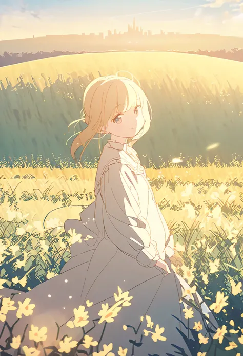 A blond sister with a gentle atmosphere standing on a prairie where you can see a Western-style castle in the distance