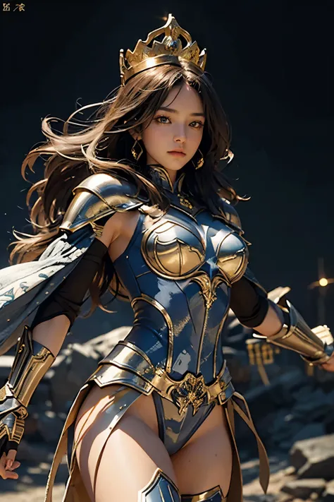 fully body photo，（best qualtiy）， （1girll）， starryskybackground, crown, Wearing shiny gold armor， Sexy lingerie type armor，Expose your chest，Expose the waistline，Exposing thighs，(((martial art))), cool-pose， Saint Seiya Armor， messy hair，high detal, Cinemat...