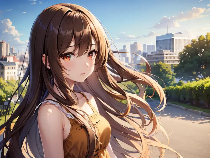 Anime girl character with flowing brown hair, and wearing a summer dress, with a background in the city, (best quality:1.1), (masterpiece:1.2), high quality shadow, beautiful detailed, (high detailed skin, skin details), (wide_landscape, 8k), beautiful fac...