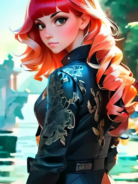 by Wu Guanzhong, ink and wash, Young girl, a bit rock and detached, she has red locks, bangs and wavy hair, she wears a black jacket., (by Zootopia:0.6), (best quality, perfect masterpiece, Representative work, official art, Professional, high details, Ult...