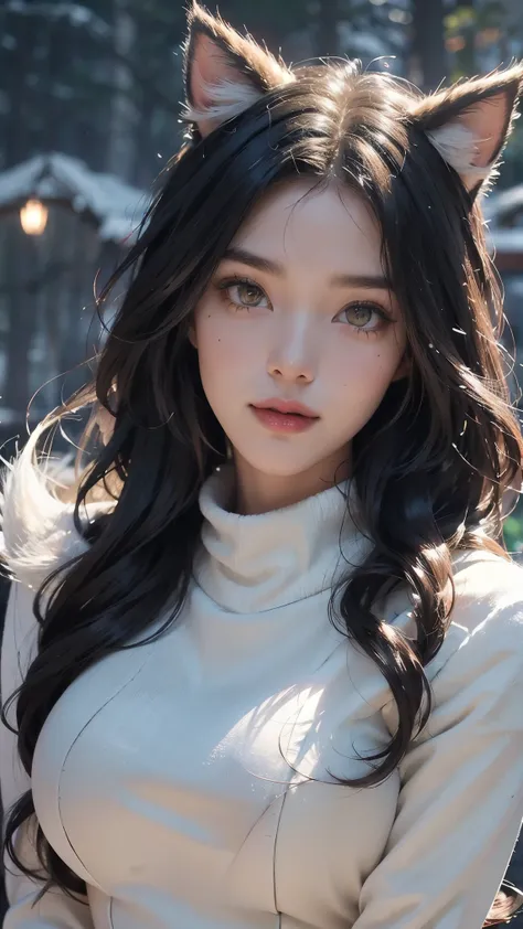 Ahri,(best qualityer,4K,8k,high resolution,work of art:1.2)(weather: snowing), Mondstadt town background, Christmas dinning room, winter outfit, beige long sleeve winter sweater, fur mittens, white fur scarf, brown winter pants, winter fur boots, silver ne...