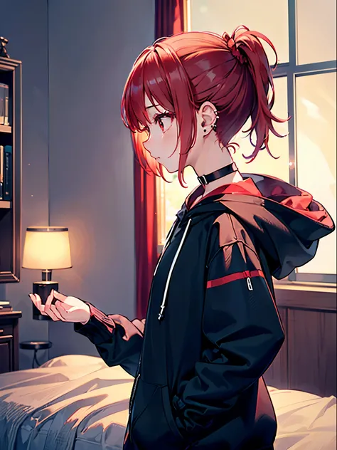 (Approaching:1.3), realistic , top quality,  more, High-quality CG rendering,  THE MOST DELICATE AND BEAUTIFUL ,  high definition , (female 1 person), ( top quality,4K,8k,masterpiece:1.2), (Bright Red Hair:1.5),( short ponytail:1.5),( red eyes:1.5),( black...