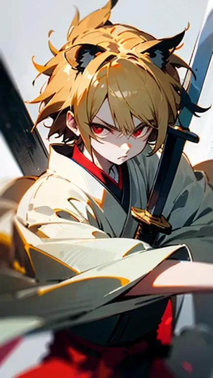 (( best quality)), ((masterpiece)), ( more), Blonde hair,  white skin ,  short hair that goes down to the shoulder,  red eyes,  sharp impression ,  Japanese anime style, Serious personality ,  personification of a lion , article, holy sword