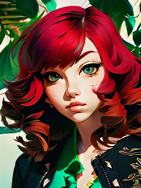 by Wu Guanzhong, ink and wash, Young girl, a bit rock and detached, she has red locks, bangs and wavy hair, she wears a black jacket., (by Zootopia:0.6), (best quality, perfect masterpiece, Representative work, official art, Professional, high details, Ult...