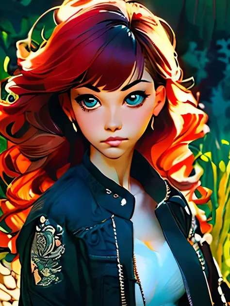 by Wu Guanzhong, ink and wash, Young girl, a bit rock and detached, she has red locks, bangs and wavy hair, she wears a black jacket., (by Zootopia:0.6), (best quality, perfect masterpiece, Representative work, official art, Professional, high details, Ult...