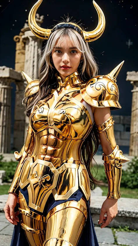 (( 1 woman ))) beautiful 女性, ultra-realistic photo shoot with cutting-edge details, Greek ruins in the background. ( shiny shiny golden metal armor), Saint Seiya Armor, (((Cancer Armor))), beautiful, tanned skin, Every detail, beautiful face with deta...