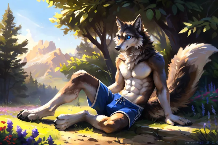 ((Solo)), male people, anthro wolf, (Multi-colored fur, White-brown:1.3，White tail pointed), (Height 2.1m,Tail length 1.2m), ((Wolf face, Big eyes, White eyelids, Blue pupil, Slim:1.2) (Tough, Calm expression:1.2)), Abs, Slim, pinging)), (Correct anatomy),...