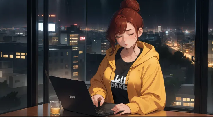 "A cozy room night scene rainy featuring A woman big bobs with short wavy auburn hair tied in a loose bun, wearing a lush yellow hoodie and fit jeans, The woman is focused on typing on a laptop placed on the desk. Behind her, a large glass window reveals a...