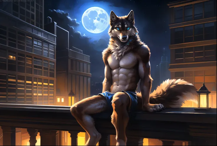 ((Solo)), male people, anthro wolf, (Multi-colored fur, White-brown:1.3), ((Wolf face, Big eyes, White eyelids, Blue pupil, Slim:1.2) (Tough, Calm expression:1.2)), (Height 2.1 meters,Tail length 1.5m), Abs, Slim, pinging, (Correct anatomy), (Contour bone:...