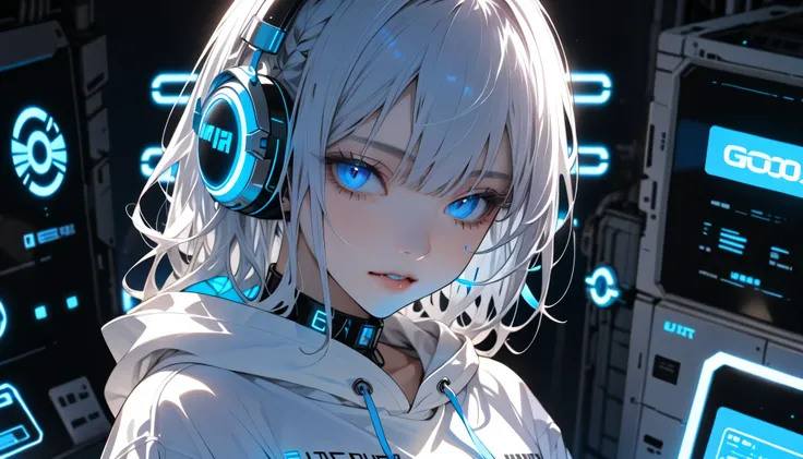 high definition , masterpiece, top quality, Ultra-high definition, 1 person, alone, facial beauty, cool expression, close-up, WHITE SWEATSHIRT HOODIE , BLUE NEON GLOWING HEADPHONES , Night Room, mechanical, There is a mechanical book。 there ...