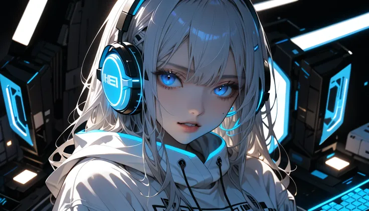 high definition , masterpiece, top quality, Ultra-high definition, 1 person, alone, facial beauty, cool expression, close-up, WHITE SWEATSHIRT HOODIE , BLUE NEON GLOWING HEADPHONES , Night Room, mechanical, There is a mechanical book。 there ...