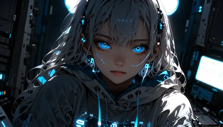 high definition , masterpiece, top quality, Ultra-high definition, 1 person, alone, facial beauty, cool expression, close-up, WHITE SWEATSHIRT HOODIE , BLUE NEON GLOWING HEADPHONES , Night Room, mechanical, There is a mechanical book。 there ...