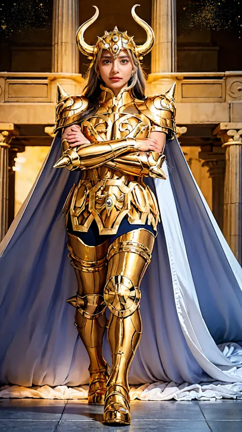 (( 1 woman ))) beautiful 女性, ultra-realistic photo shoot with cutting-edge details, Greek ruins in the background. ( shiny shiny golden metal armor), Saint Seiya Armor, (((Cancer Armor))), beautiful, blue eyes, tanned skin, Every detail, beautiful fa...
