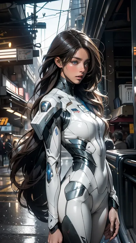 Insightful eyes,Long flowing hair,Very long, long, long hair,Porcelain white face,Soft and shiny, Futurist, futurist suit, neon light suit