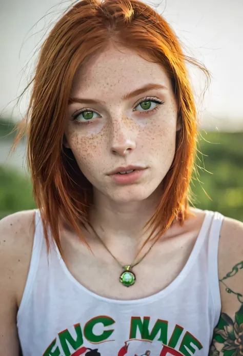 18-year-old female ,red-haired, green eyes, freckles, extremely thin,straight hair,tattooed,smoking,Selfie